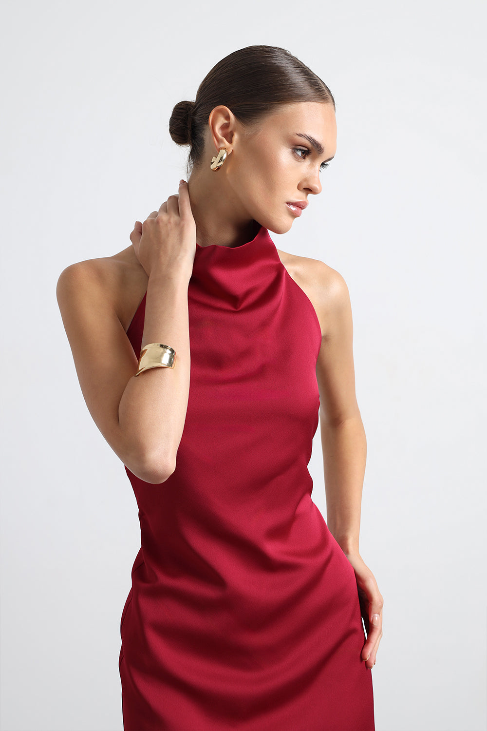 Halley Halter Yaka Maxi Bordo Saten Elbise - 4