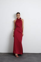 Halley Halter Yaka Maxi Bordo Saten Elbise - 5