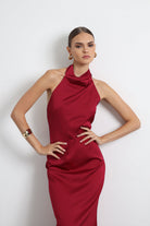 Halley Halter Yaka Maxi Bordo Saten Elbise - 6