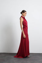 Halley Halter Yaka Maxi Bordo Saten Elbise - 7