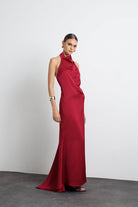 Halley Halter Yaka Maxi Bordo Saten Elbise - 8