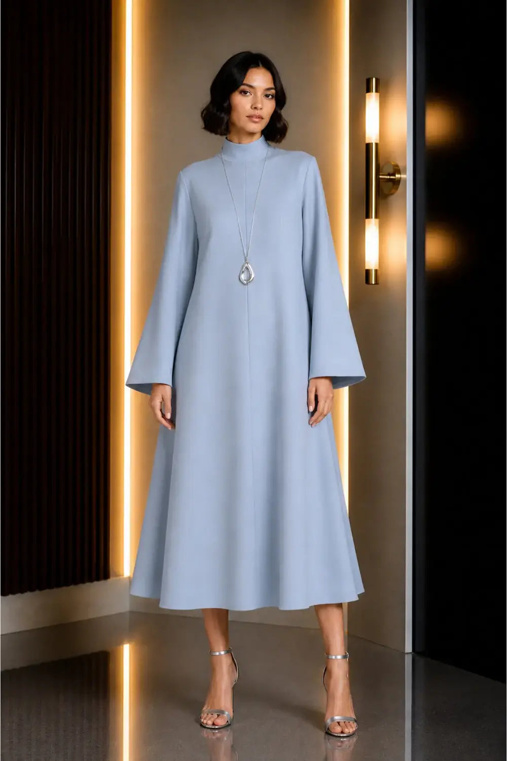 Dik Yakalı & A-Form Kalıp Mavi Abaya Elbise - 0