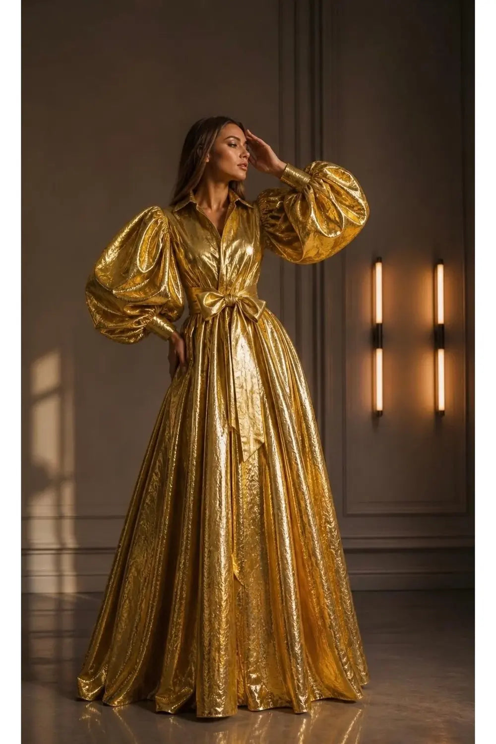 Balon Kollu Gold Shiny Maxi Transparan Gömlek Elbise - 0