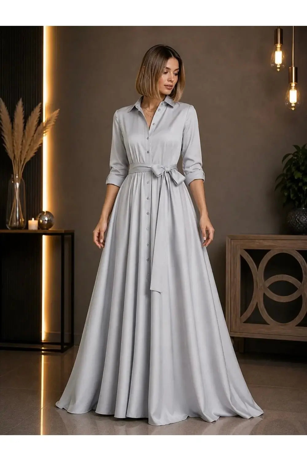 Önden Taşlı Düğmeli & Kuşaklı İnce Soft Gri Tafta Maxi Gömlek Elbise - 0
