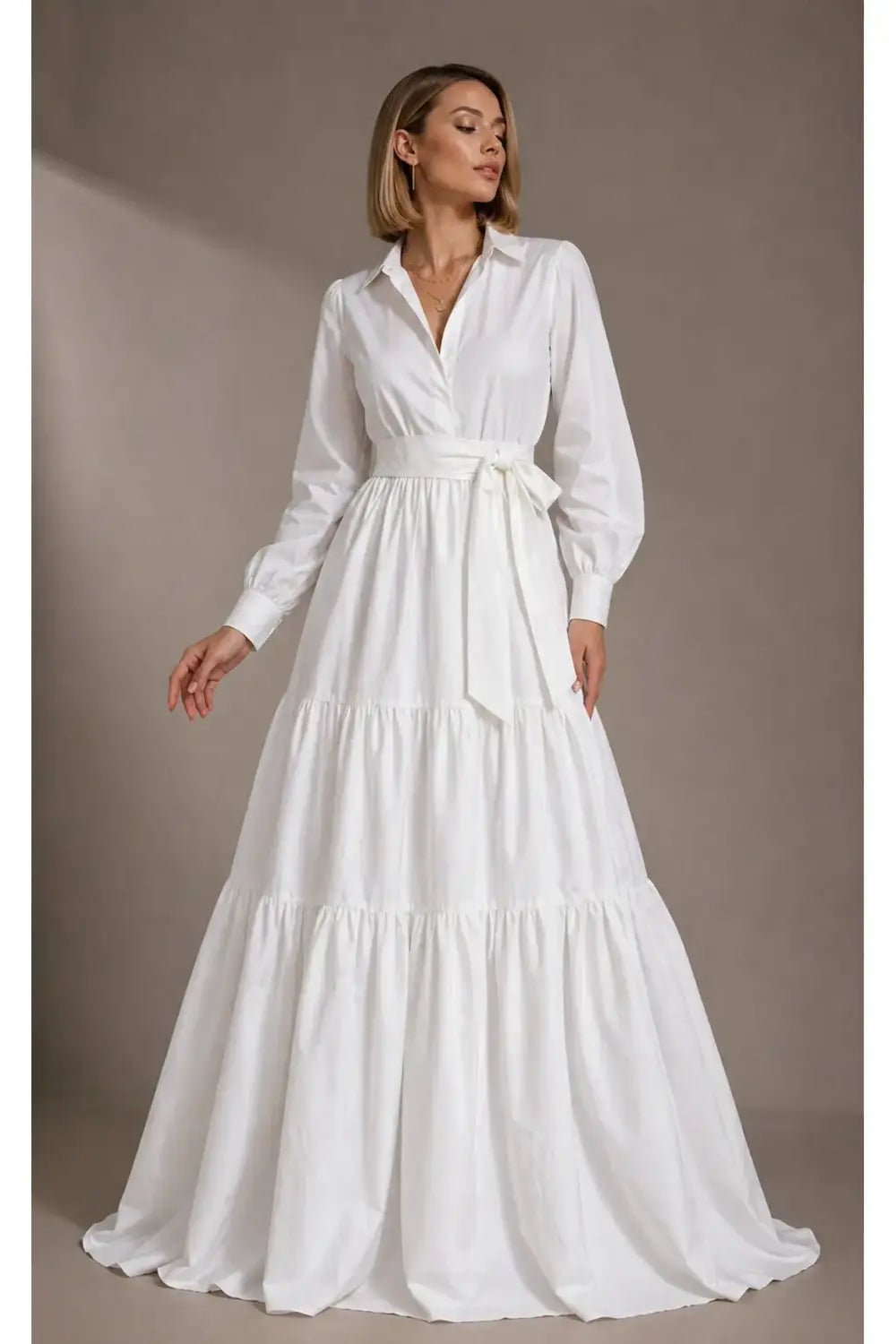 Katmanlı & Fırfırlı Off-White Poplin Gömlek Maxi Elbise - 0