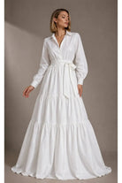 Katmanlı & Fırfırlı Off-White Poplin Gömlek Maxi Elbise - 0