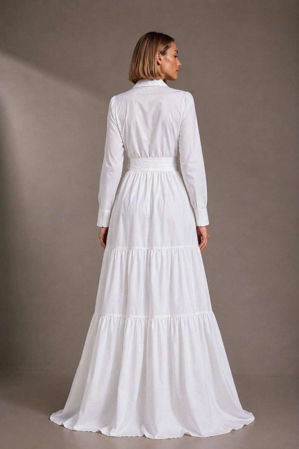 Katmanlı & Fırfırlı Off-White Poplin Gömlek Maxi Elbise - 1