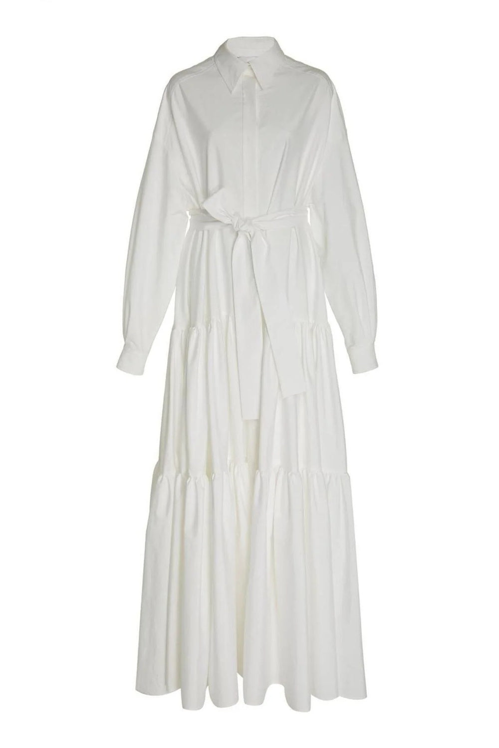 Katmanlı & Fırfırlı Off-White Poplin Gömlek Maxi Elbise - 2