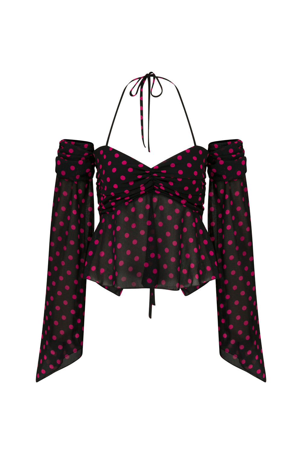 Fuşya Puantiye Desenli Şifon Crop Bluz - 0
