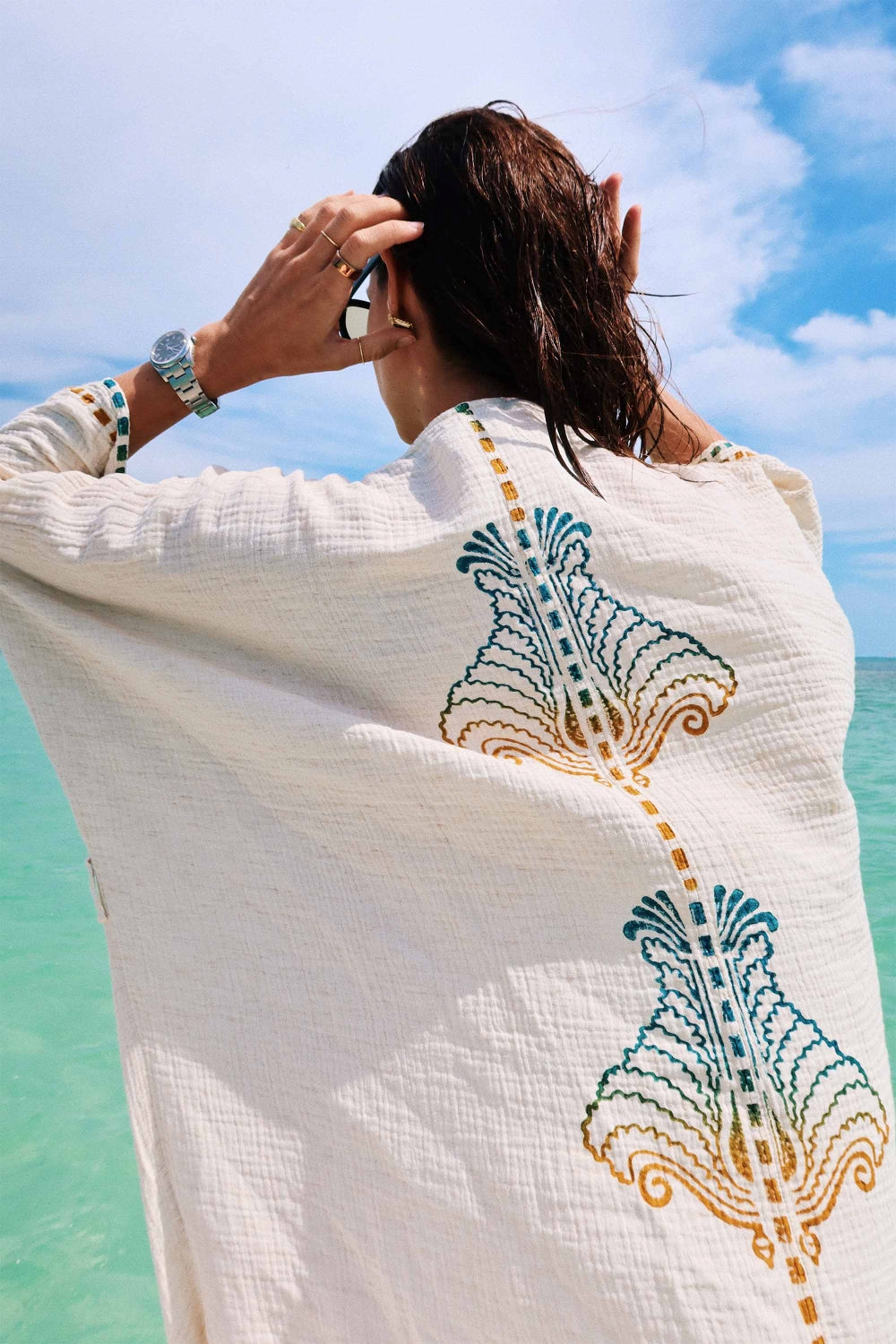 Crinkle Linen Renkli Baskılı Kimono - 0