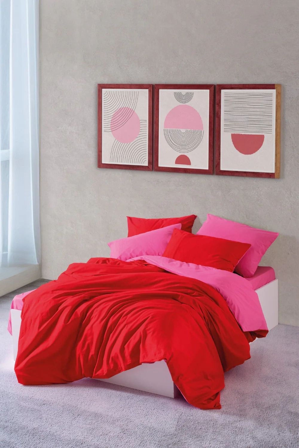 Popping Colors Çift Kişilik Lastikli Çarşaflı Nevresim Takımı Sage Kırmızı Fuşya - 0