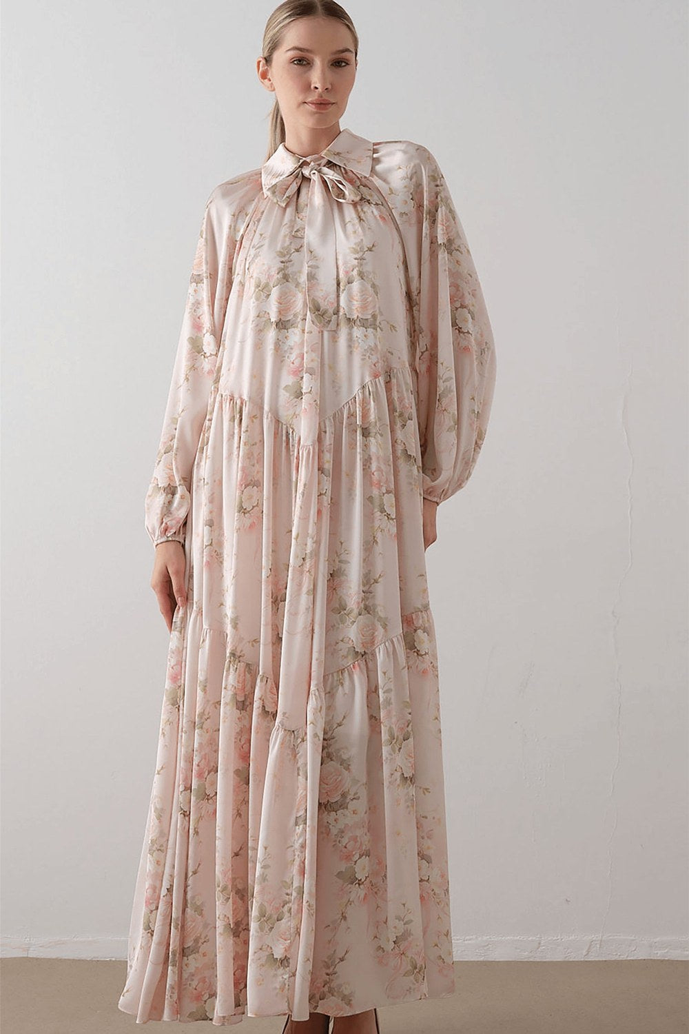 Yakası Fiyonklu Şifon Saten Pembe Elbise - 3