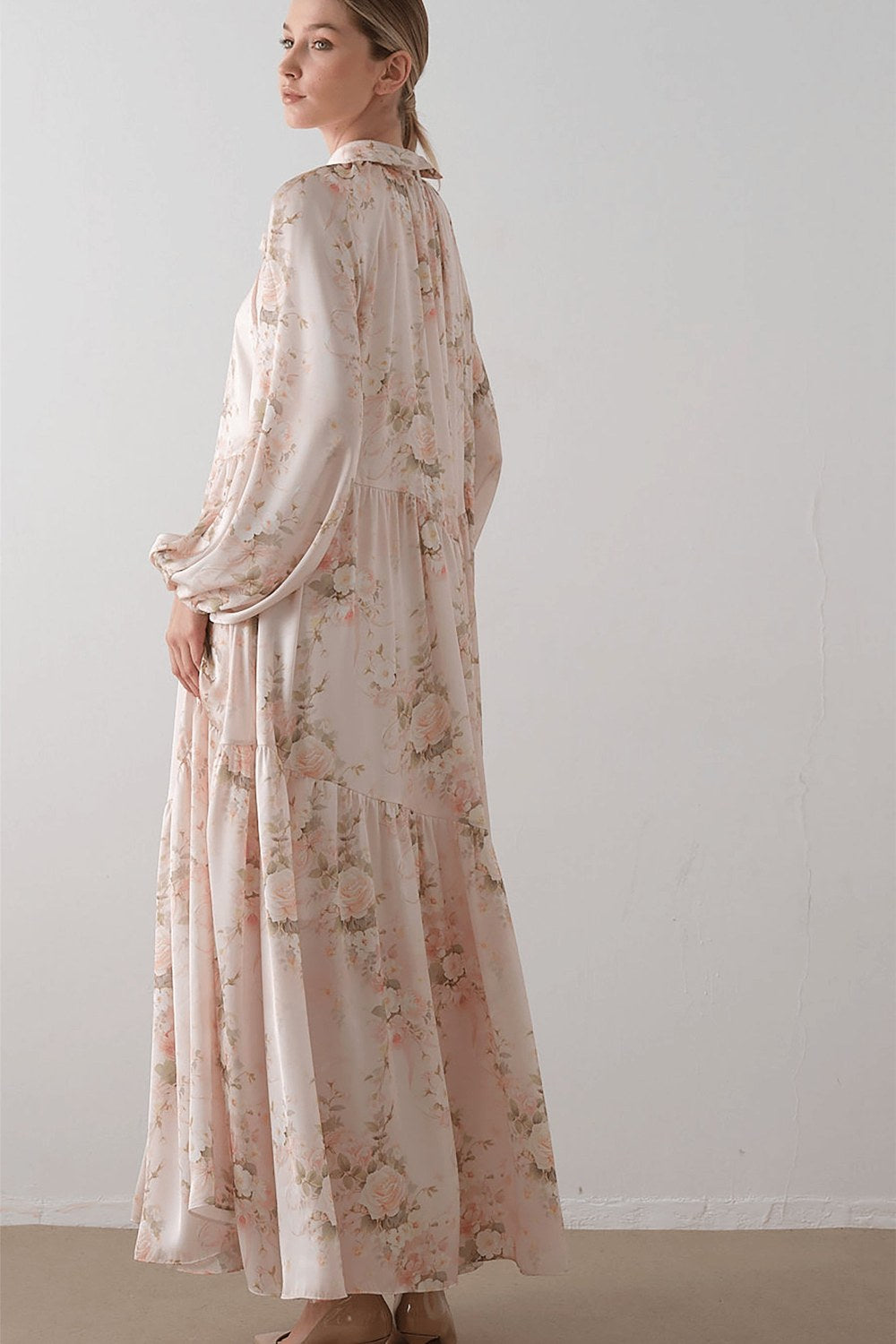 Yakası Fiyonklu Şifon Saten Pembe Elbise - 5