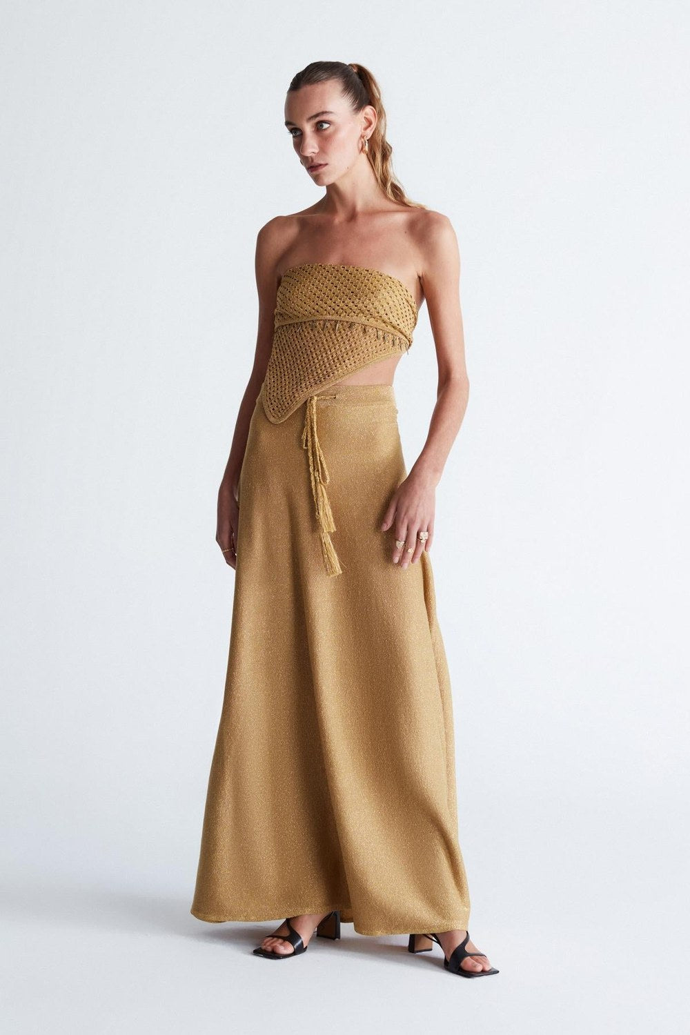 Styleboom X Marilyn Skirt Simli Maxi Boy Beli Bağcıklı Kadın Triko Etek - Altın - 3