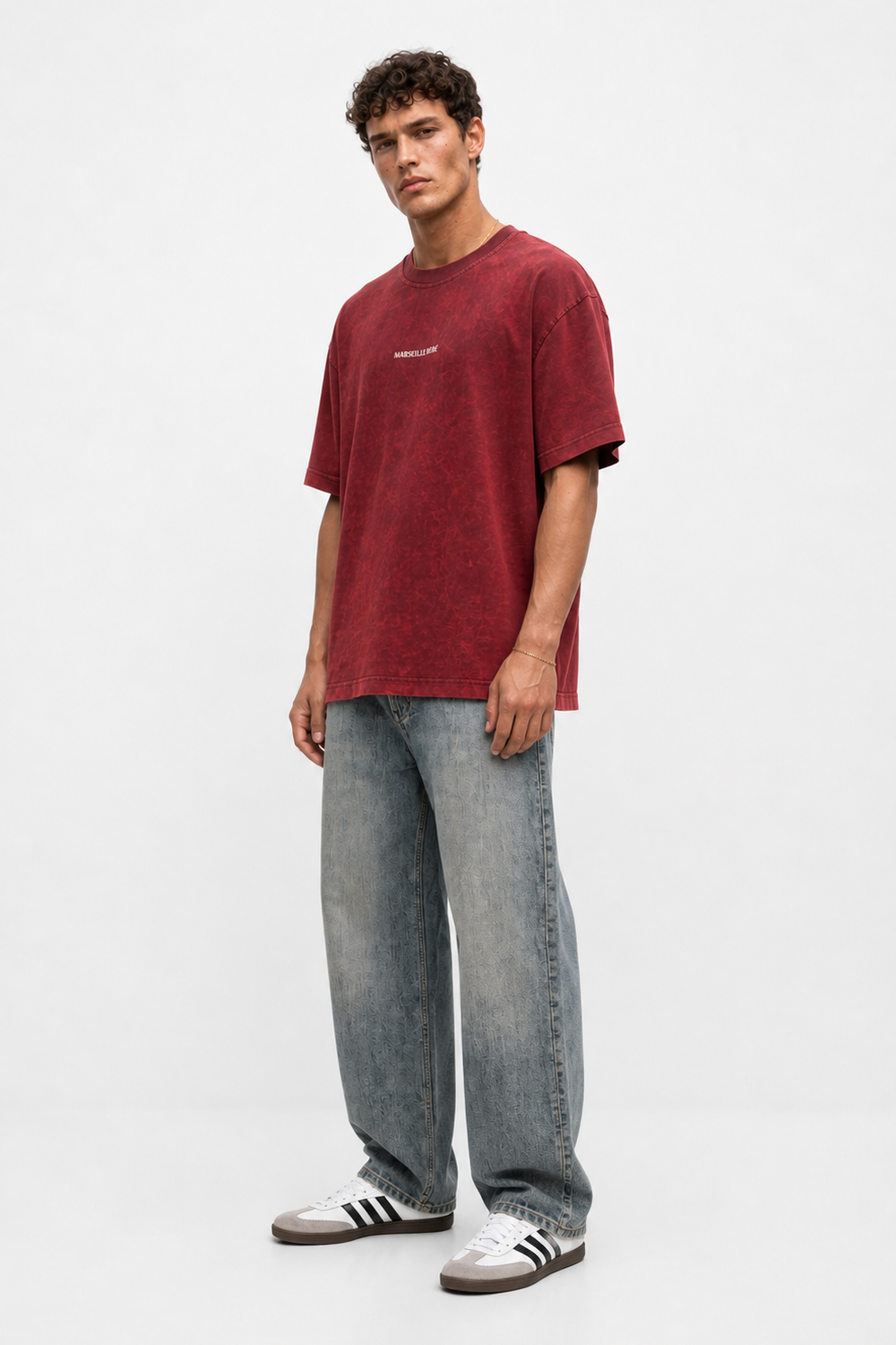 Erkek Marseille Baskılı Yıkamalı Oversize T-Shirt Bordo - 2