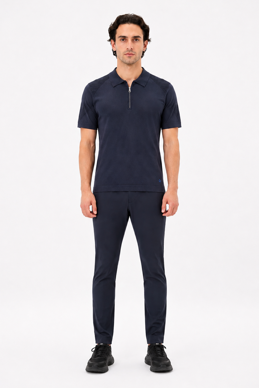Polo Yaka Fermuarlı Basic Erkek Kazak-Lacivert - 0
