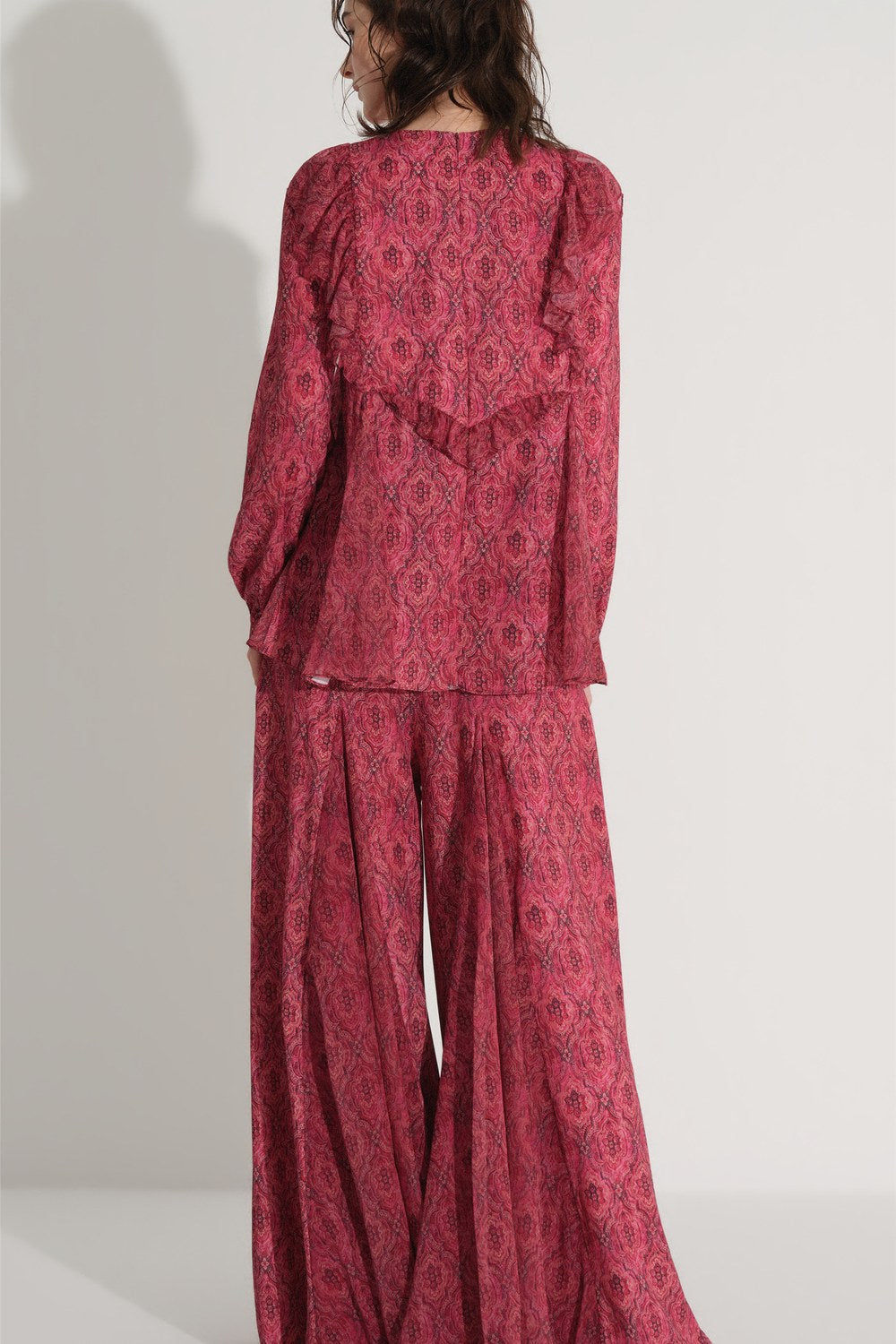 Etnik Desenli Bluz Ve Pantolon Takımı - Bordo - 4
