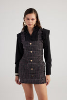 Metal Düğme Detaylı Mini Tweed Elbise Siyah - 0