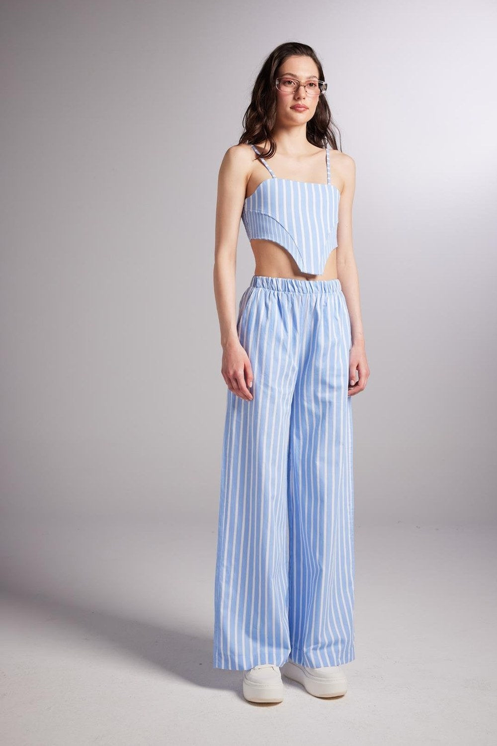 Beli Lastikli Çizgili Harmony Poplin Pantolon Mavi - 1