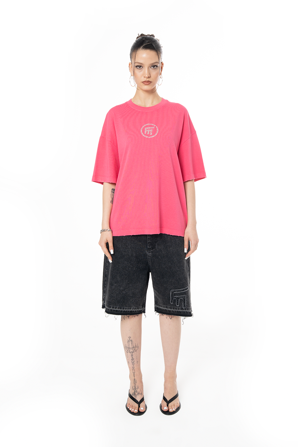 Kadın Oversize Fm Icon Yıpratmalı Tişört - Pembe - 1