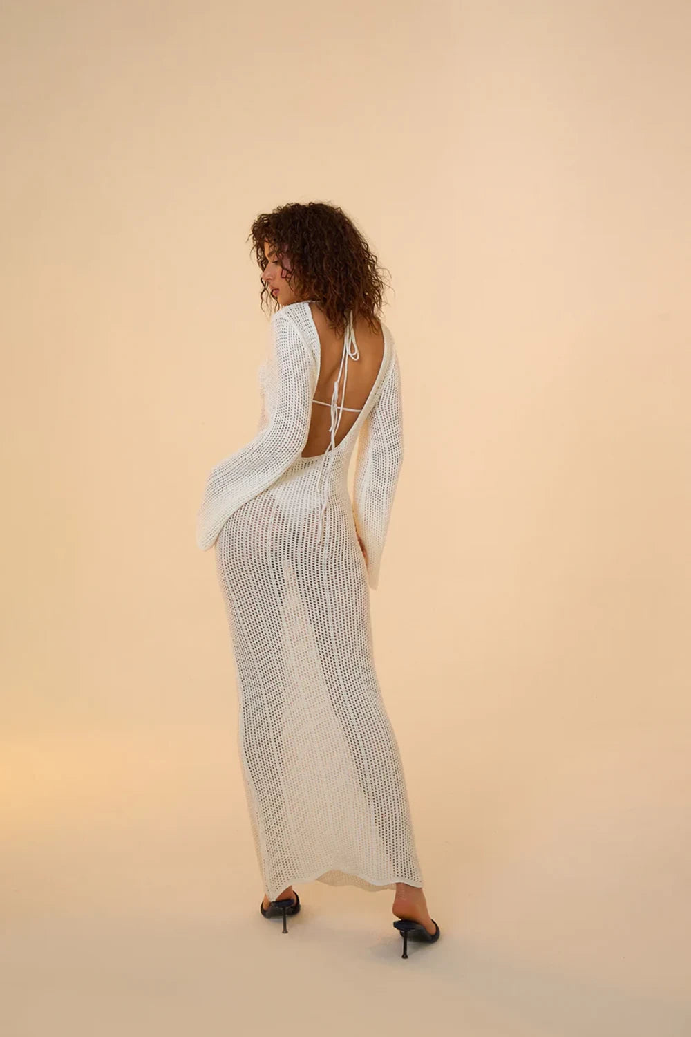 Mozto-Amaris Knitted White Maxi Beach Dress-Elbise-5-milagron.live