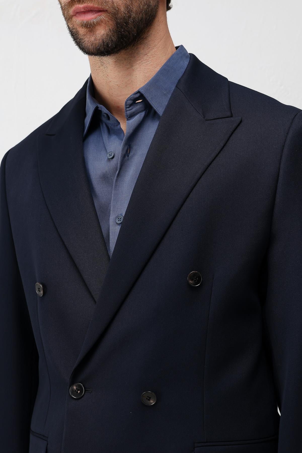 Antioch Açık Lacivert Relax Fit Kruvaze Erkek Blazer Ceket