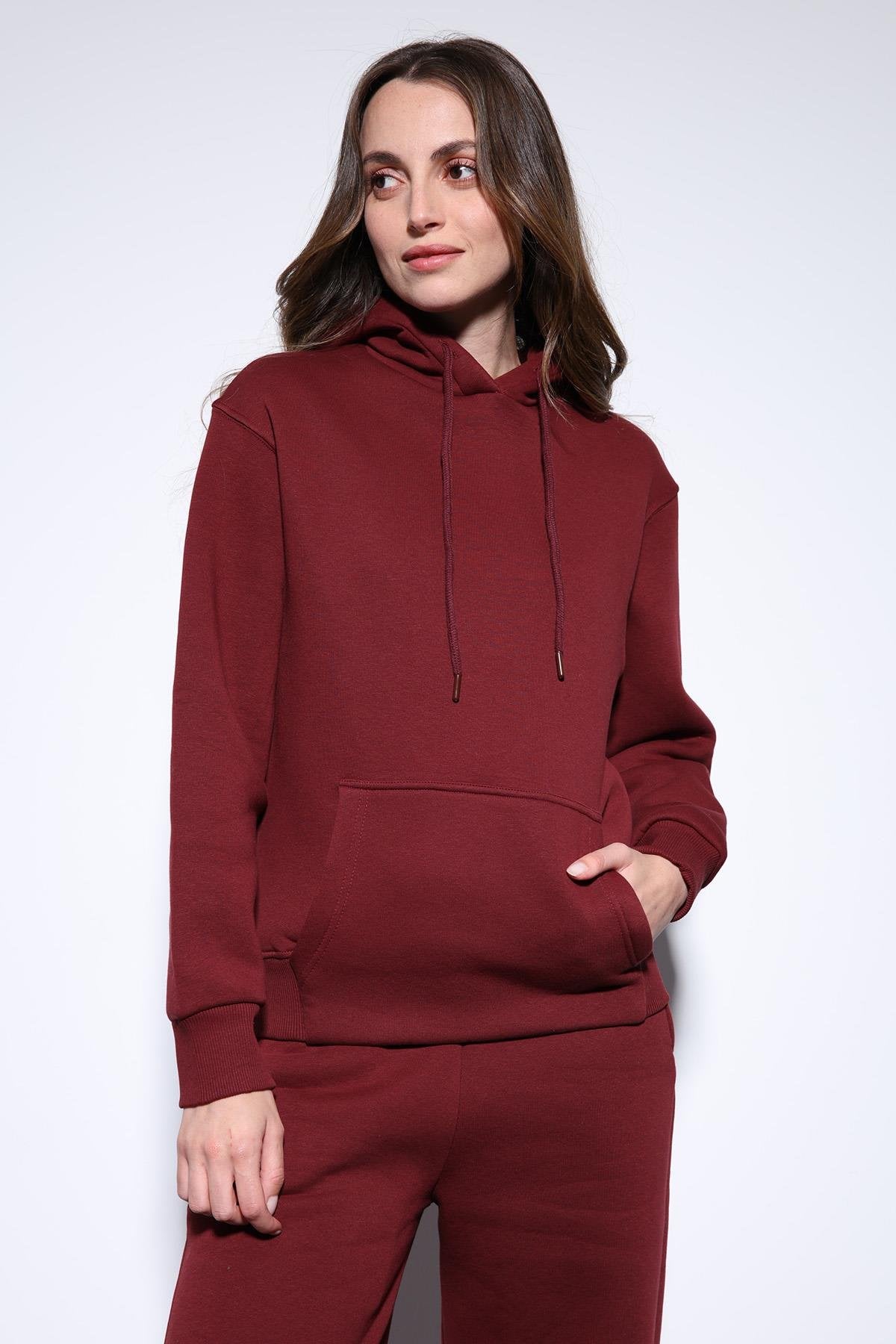 Antioch-Bordo Kapüşonlu Basic Kadın Sweatshirt-Sweatshirt-3-milagron.live