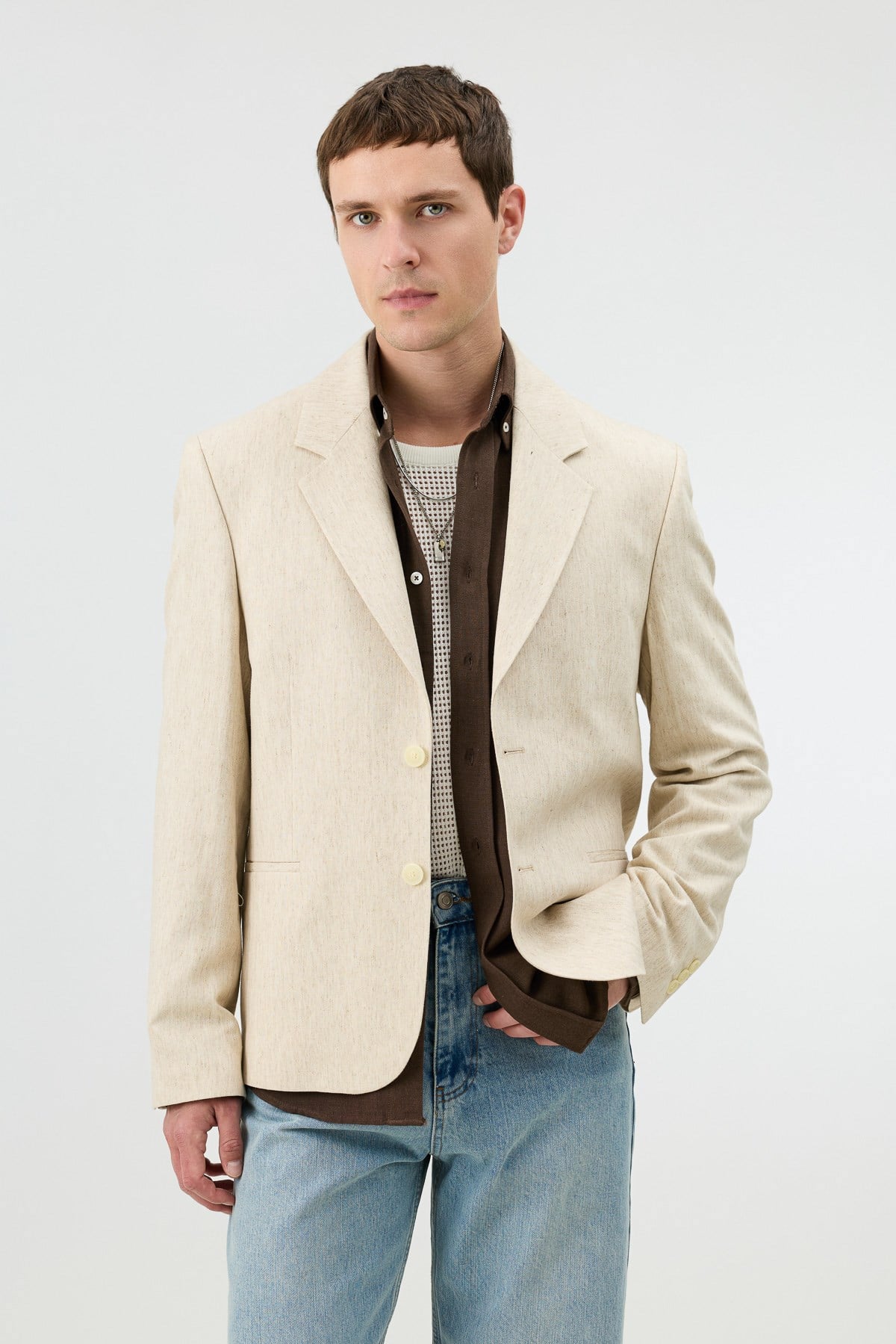 Antioch Natur Keten Karışımlı Balıksırtı Desenli Erkek Blazer Ceket