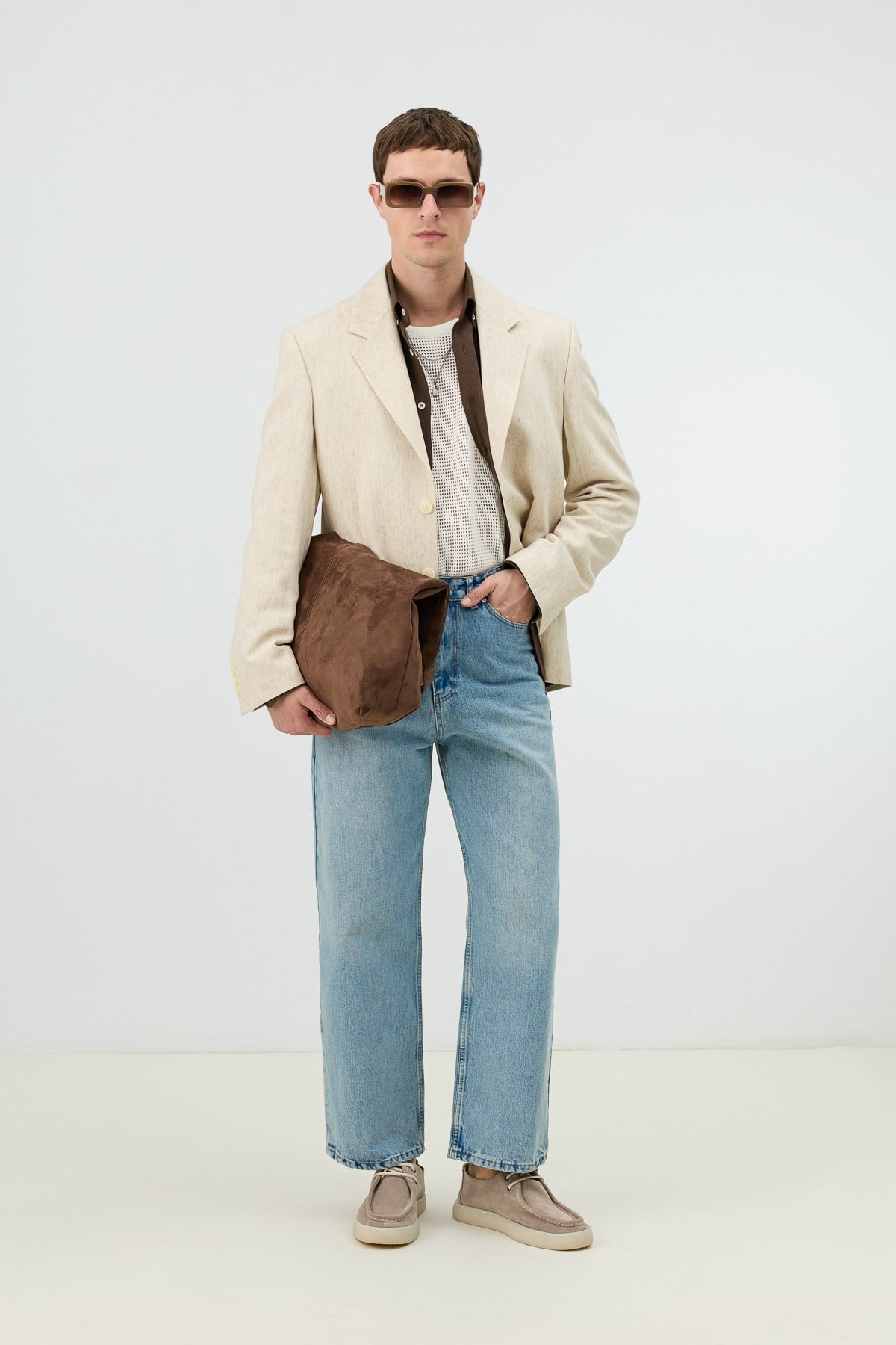 Antioch Natur Keten Karışımlı Balıksırtı Desenli Erkek Blazer Ceket