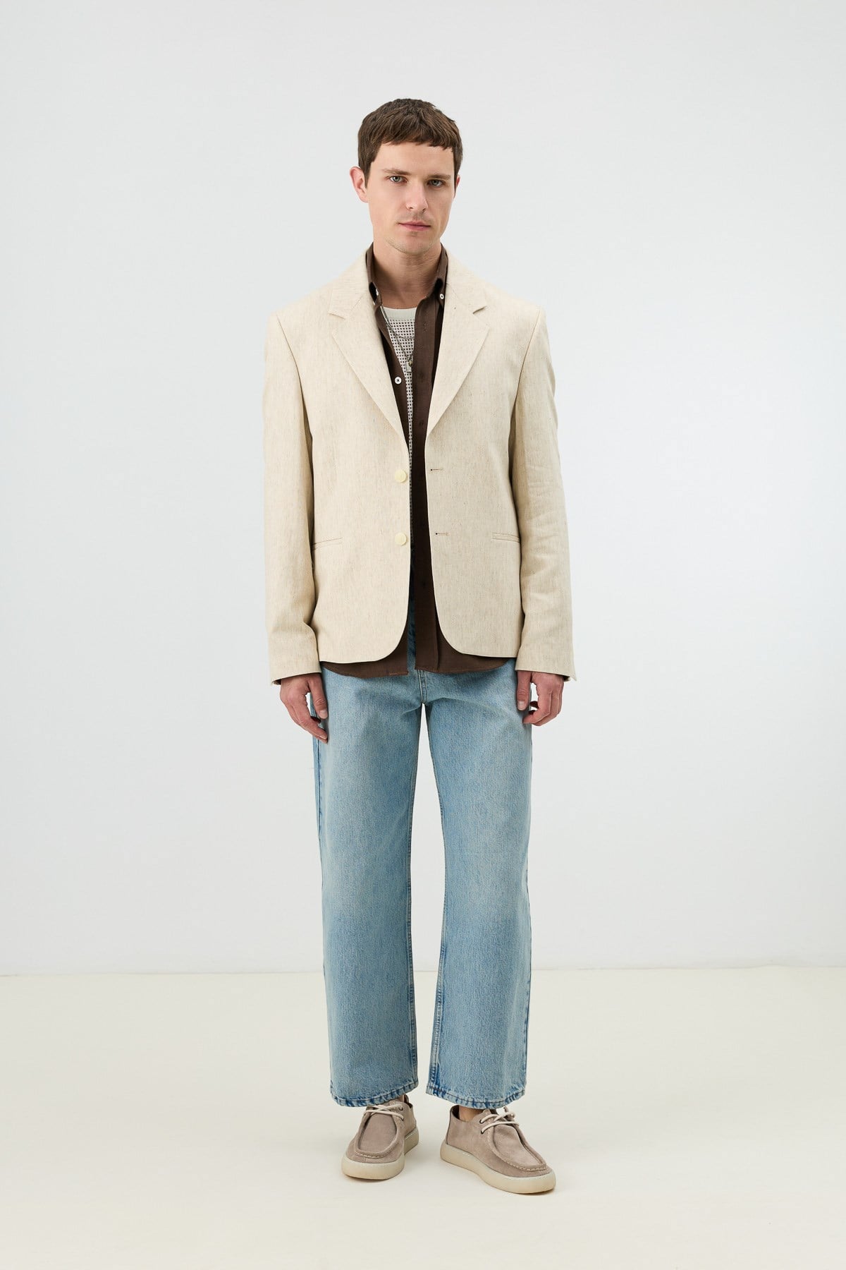 Antioch Natur Keten Karışımlı Balıksırtı Desenli Erkek Blazer Ceket