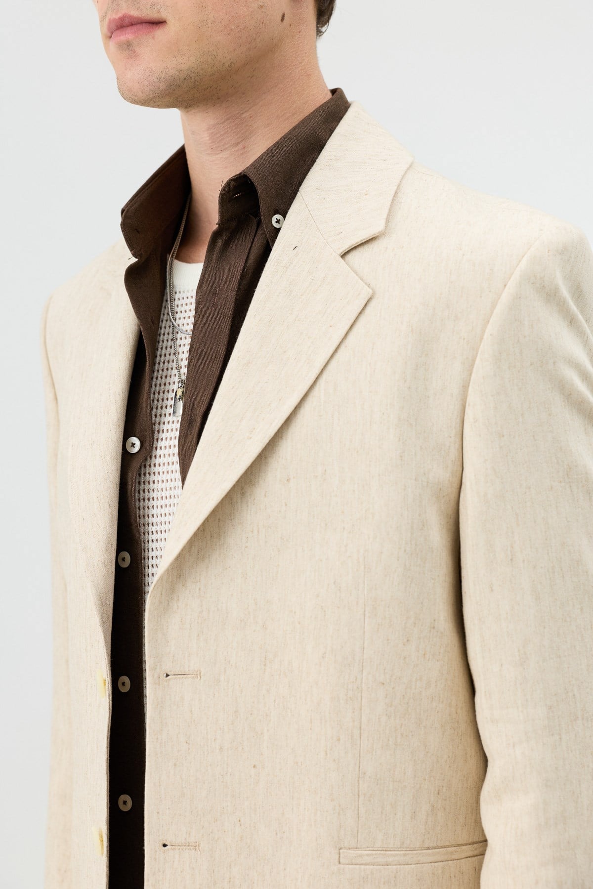 Antioch Natur Keten Karışımlı Balıksırtı Desenli Erkek Blazer Ceket
