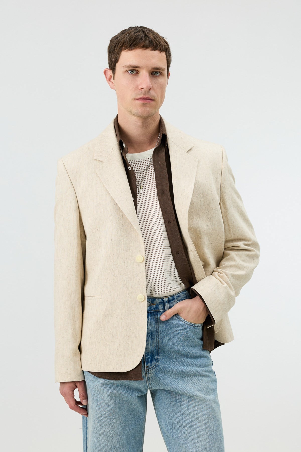 Antioch Natur Keten Karışımlı Balıksırtı Desenli Erkek Blazer Ceket