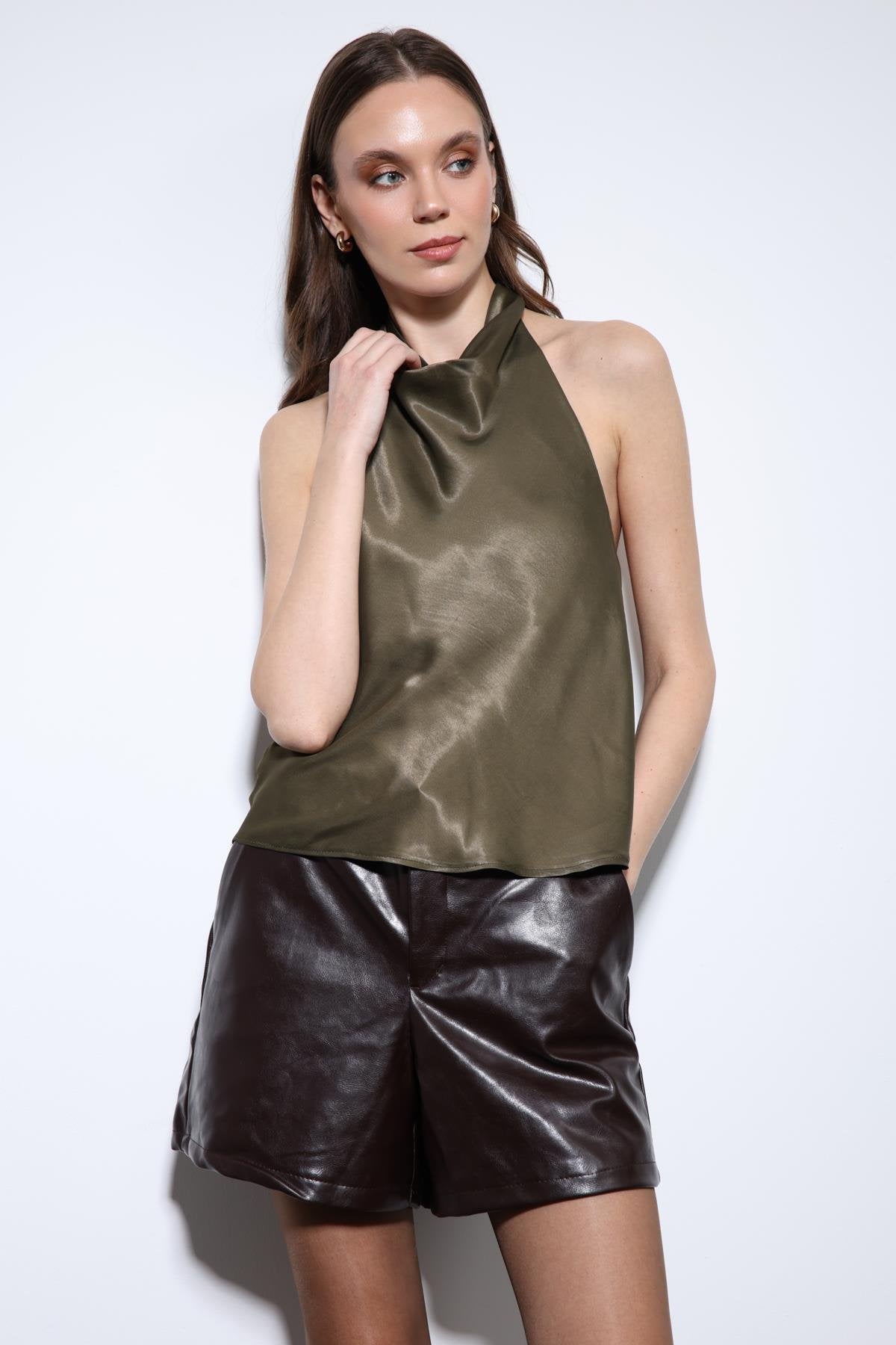 Antioch-Haki Saten Halter Kadın Top-Top-4-milagron.live