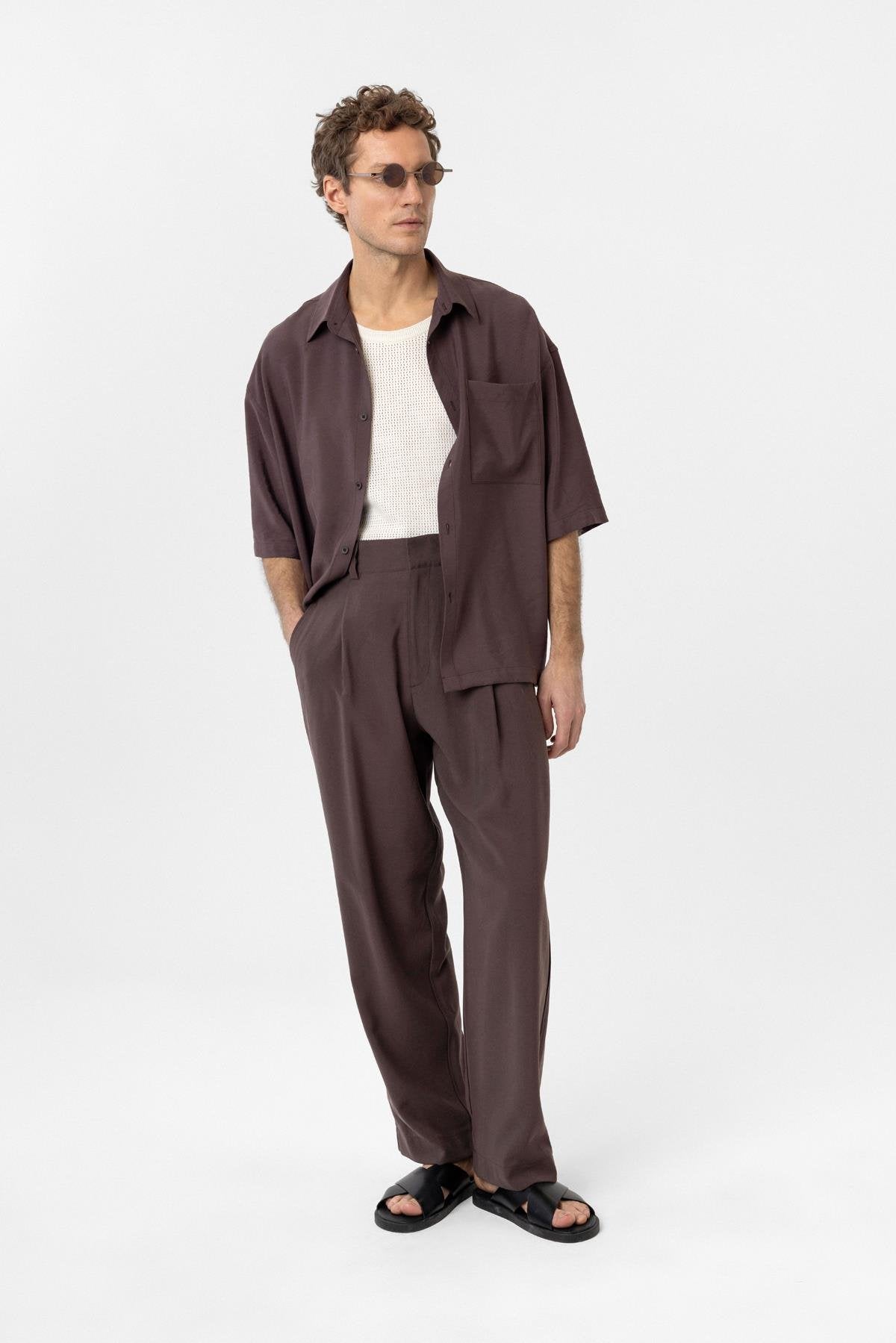 Antioch-Kahve Pileli Baggy Fit Erkek Pantolon-Kumaş Pantolon-4-milagron.live