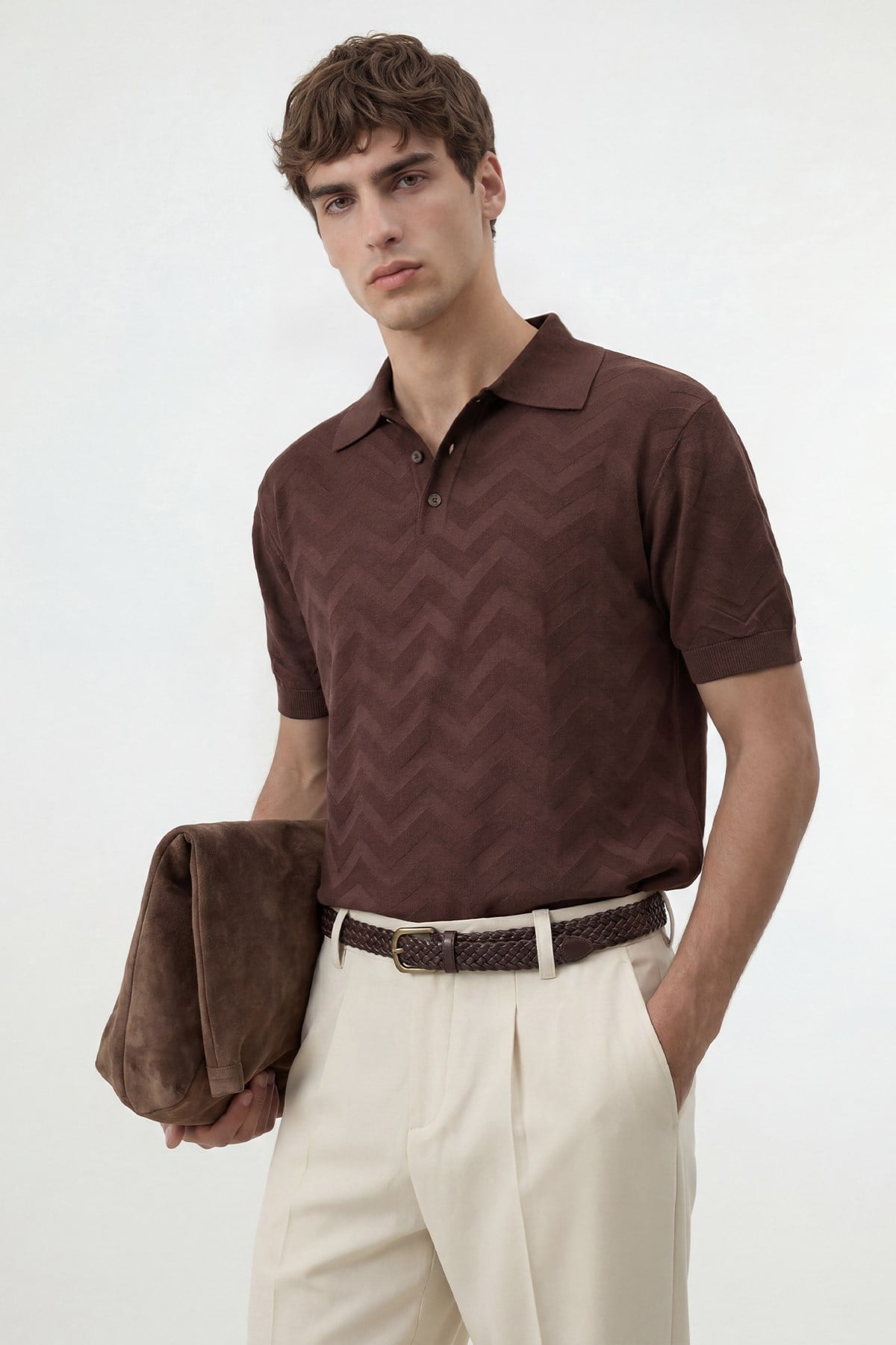 Antioch Kahve Zigzag Desenli Polo Yaka Triko Erkek T-Shirt