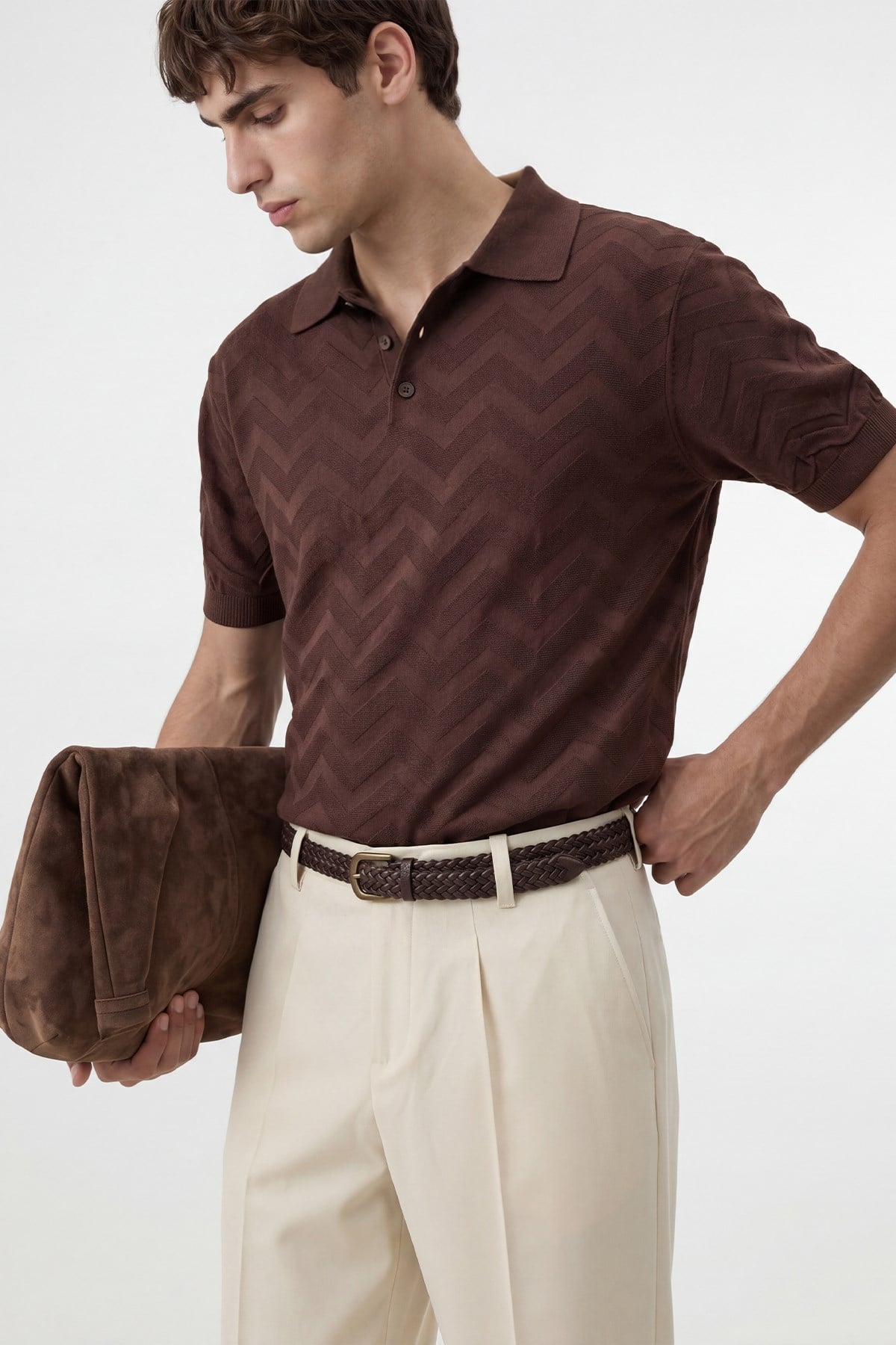 Antioch Kahve Zigzag Desenli Polo Yaka Triko Erkek T-Shirt