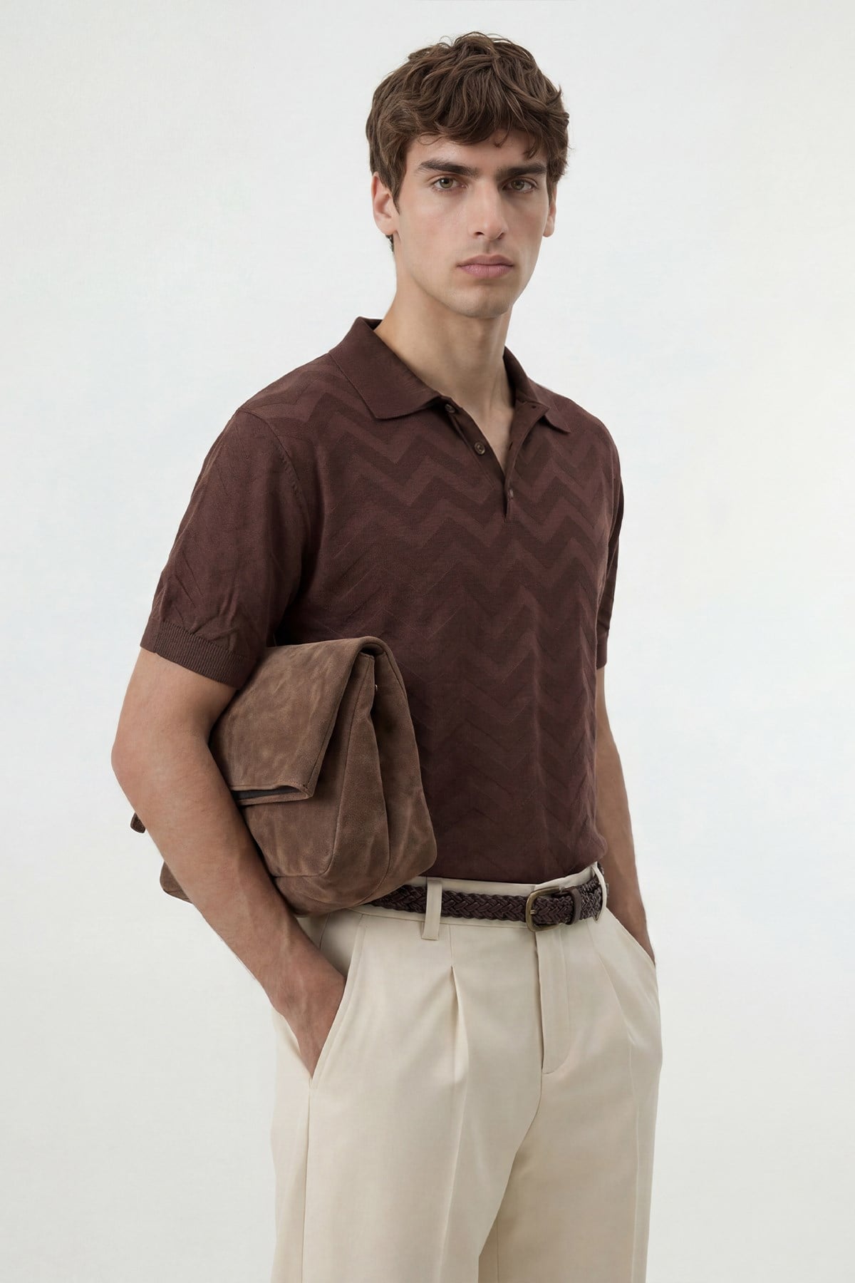 Antioch Kahve Zigzag Desenli Polo Yaka Triko Erkek T-Shirt