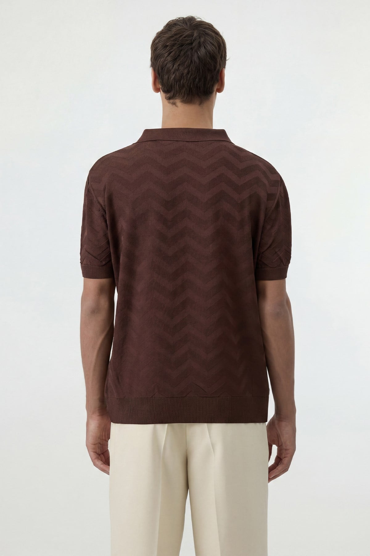 Antioch Kahve Zigzag Desenli Polo Yaka Triko Erkek T-Shirt