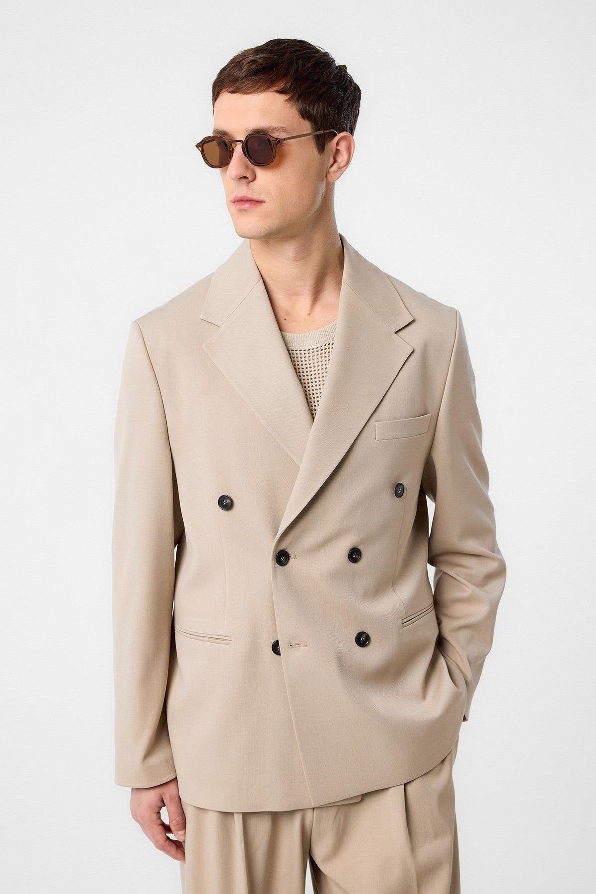 Antioch-Koyu Bej Relax Fit Kruvaze Erkek Blazer Ceket-Blazer Ceket-1-milagron.live