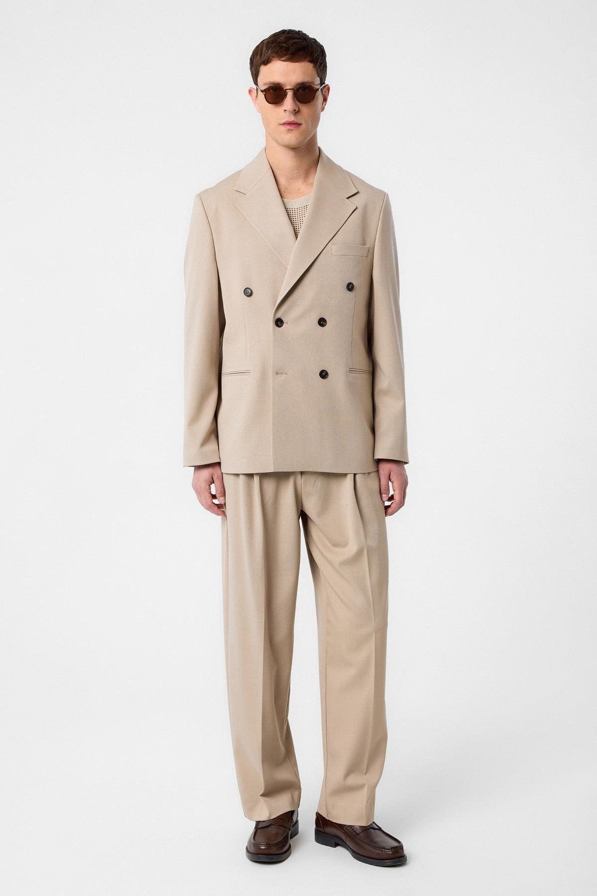 Antioch-Koyu Bej Relax Fit Kruvaze Erkek Blazer Ceket-Blazer Ceket-4-milagron.live