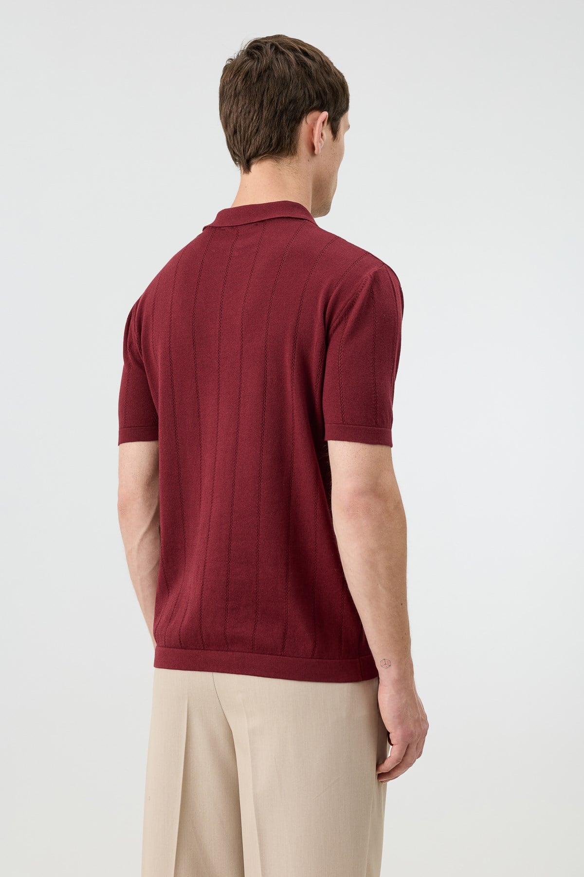 Antioch Koyu Bordo Fermuar Yaka Çizgili Triko Erkek T-Shirt