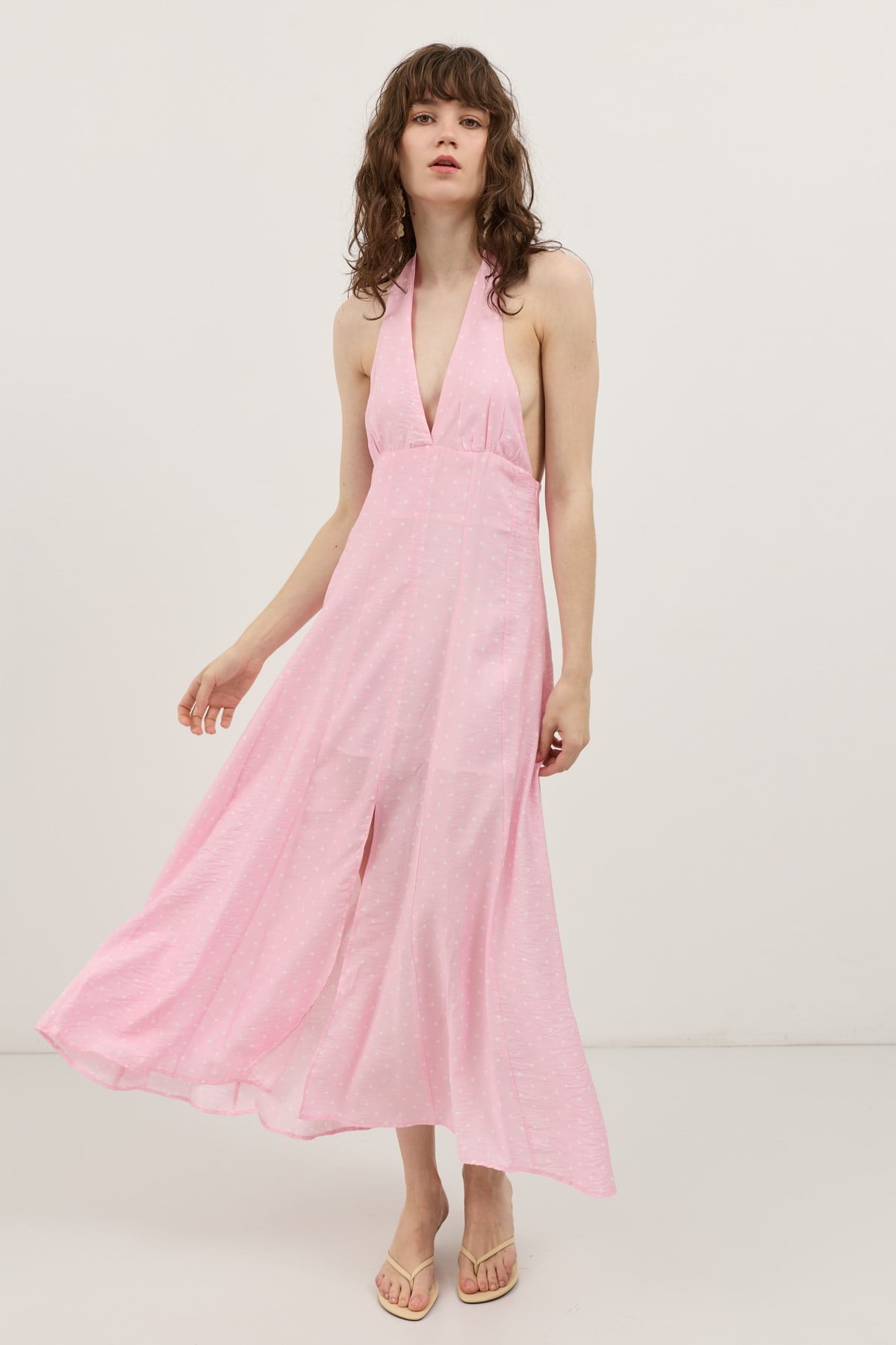 Antioch Pembe Halter Yaka Puantiyeli Kadın Elbise