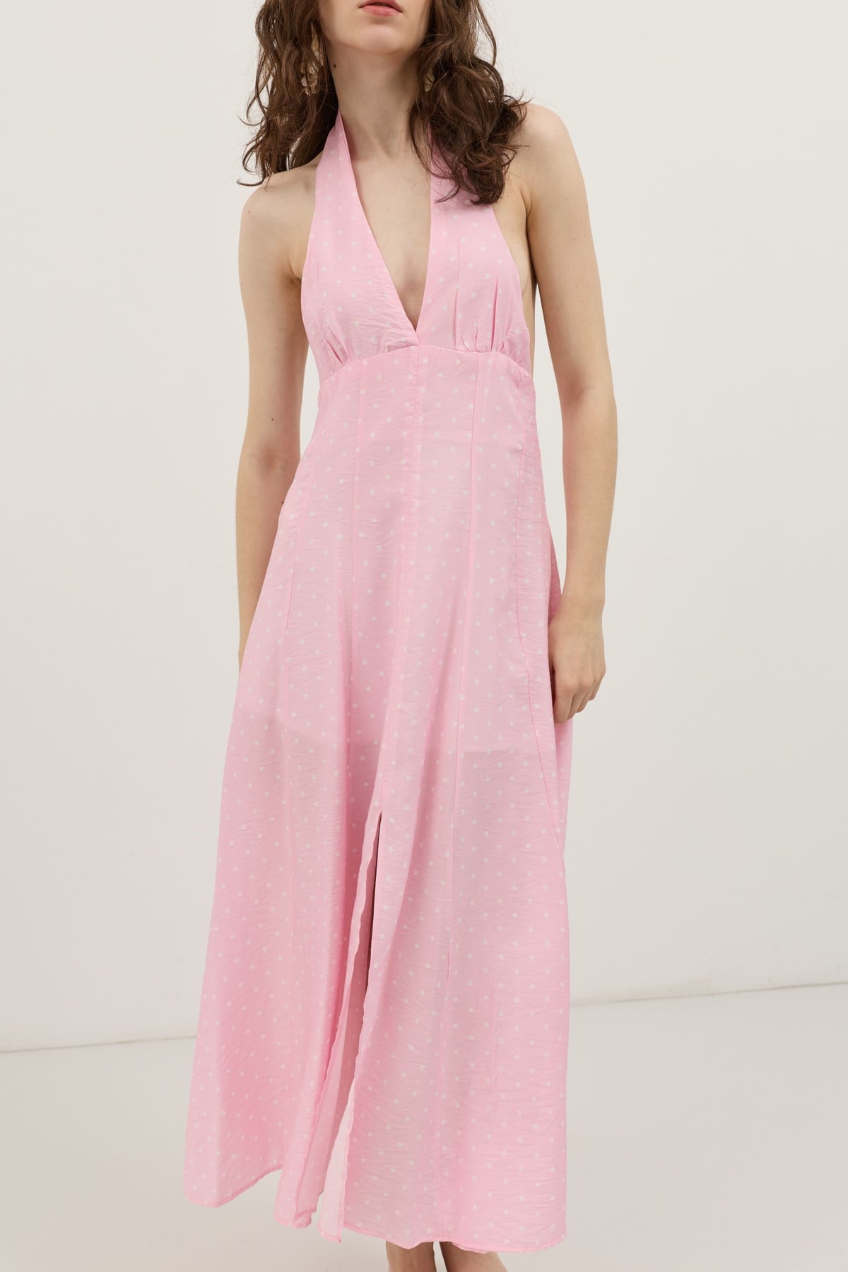 Antioch Pembe Halter Yaka Puantiyeli Kadın Elbise