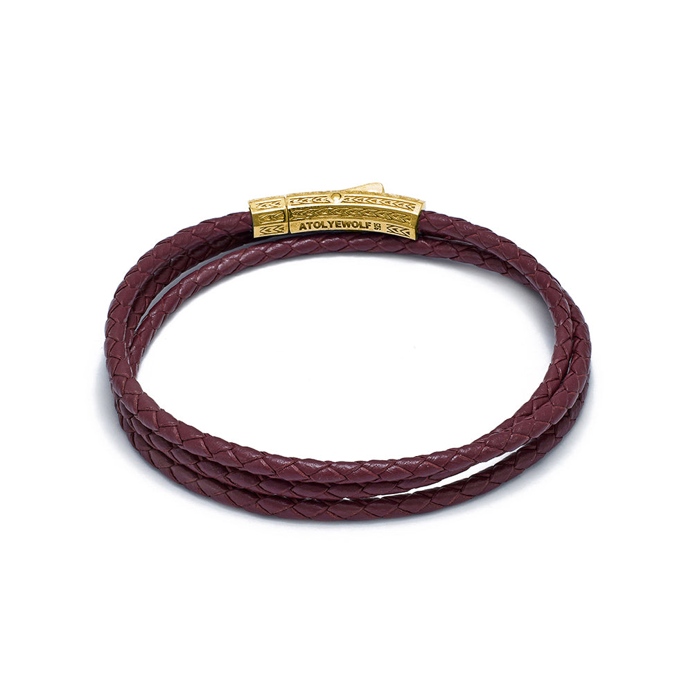 Claret Red Triple Leather Bracelet In Gold