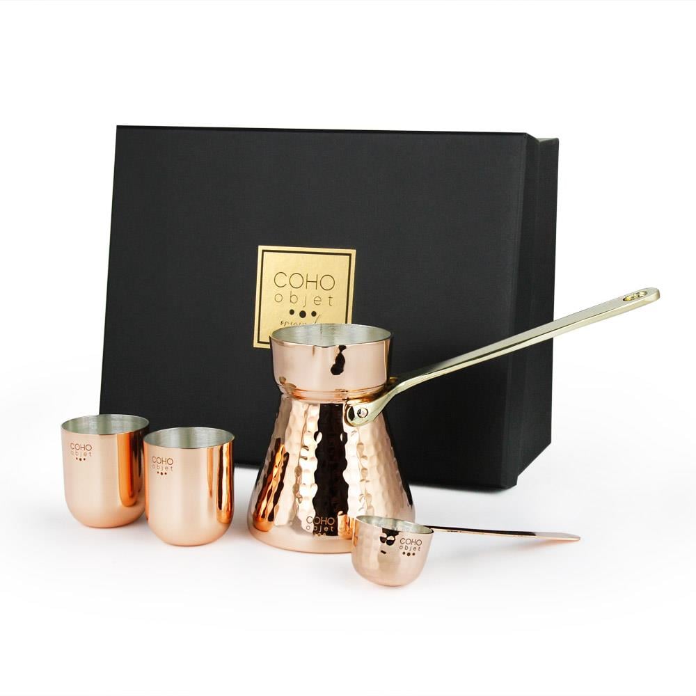 Coho Objet-Coho Box Hatır Dövme Bakır Cezve & Kaşık & 2 Li Bardak Hediye Seti-Artisan Serisi Bakır Cezveler-1-milagron.live