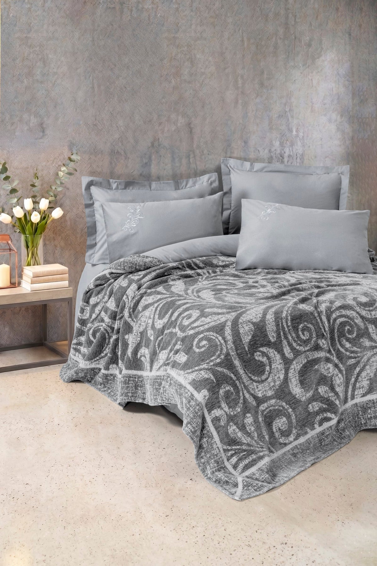  Fleece Çift Kişilik Yatak Örtülü Nevresim Takımı Volute Gri