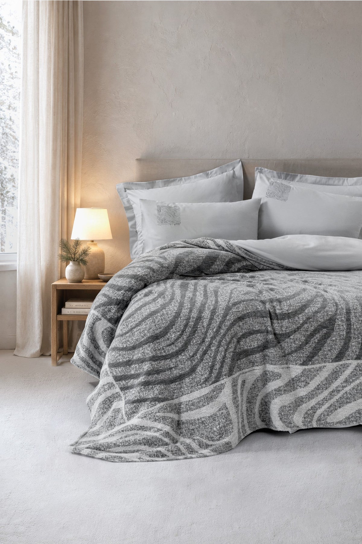  Fleece Çift Kişilik Yatak Örtülü Nevresim Takımı Tero Gri