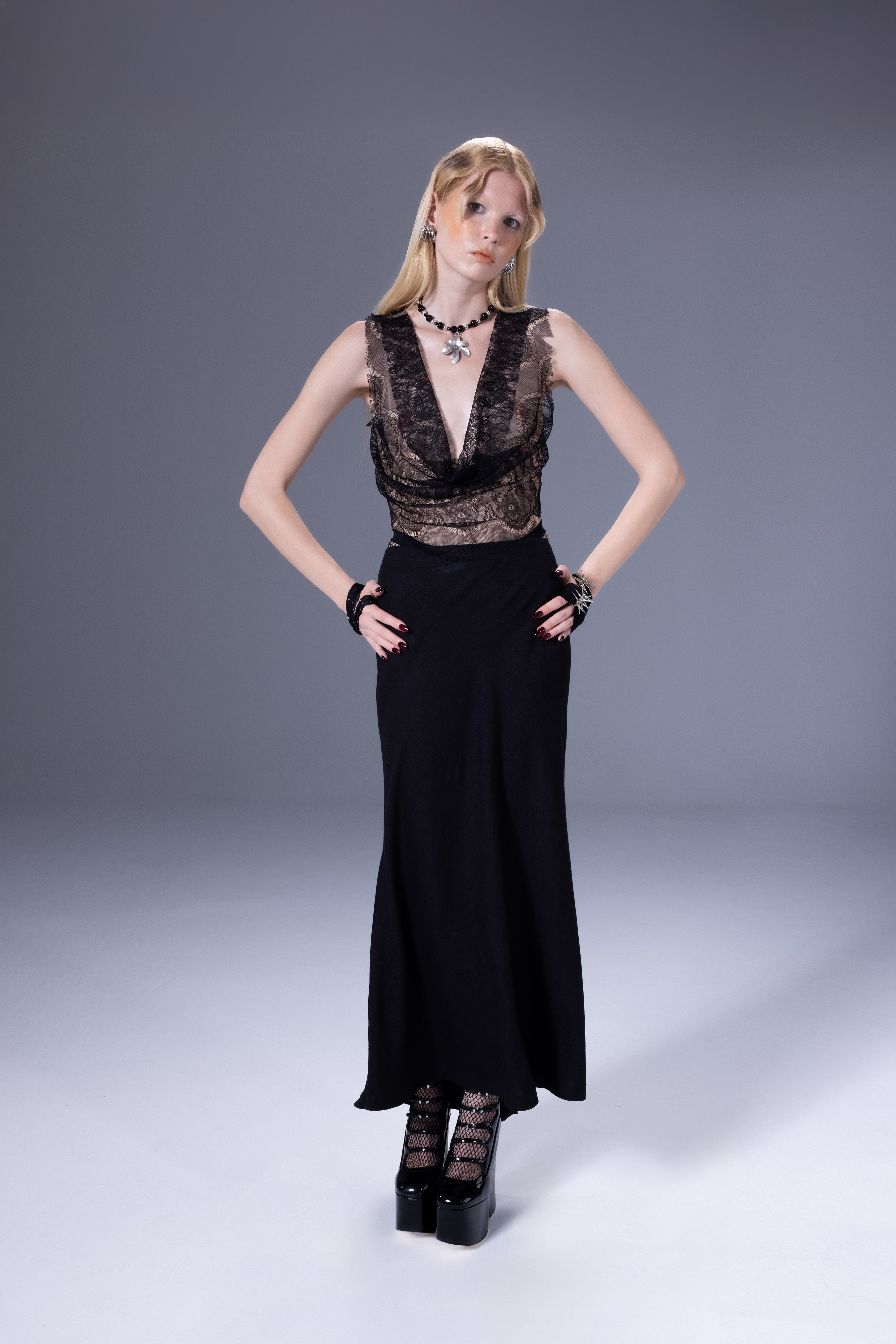 Death Is Easy-Noir Lace Deep V Neck Top-Top-2-milagron.live
