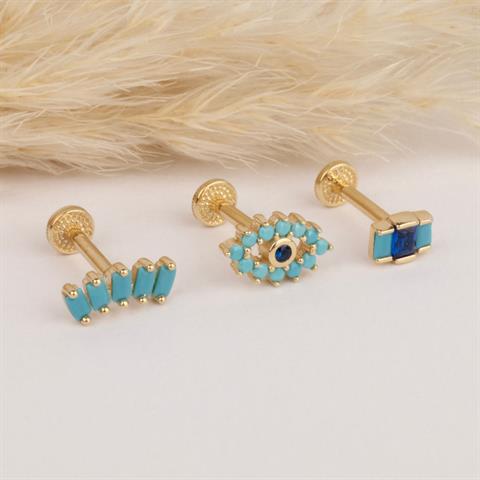 Dianora Piercing-14 Ayar Altın 5 Firuze Rengi Baget Taşlı Minimal Tragus Piercing-Tragus Piercing-5-milagron.live