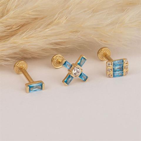 Dianora Piercing-14 Ayar Altın Aqua Baget Taşlı Minimal Tragus Piercing-Tragus Piercing-5-milagron.live
